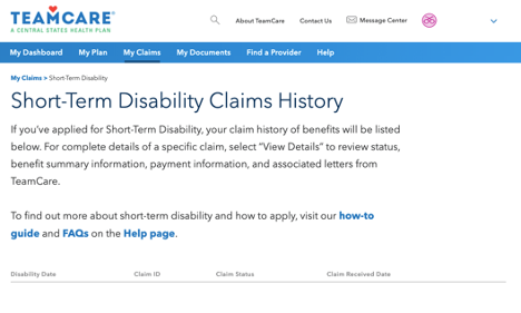 Short-Term Disability Claims History page.
