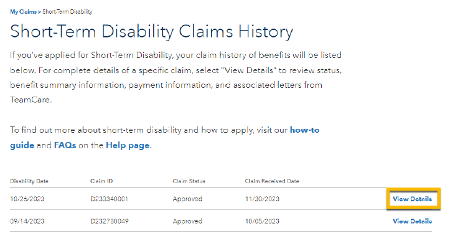 Short-Term Disability Claims History page with claims grid view.
