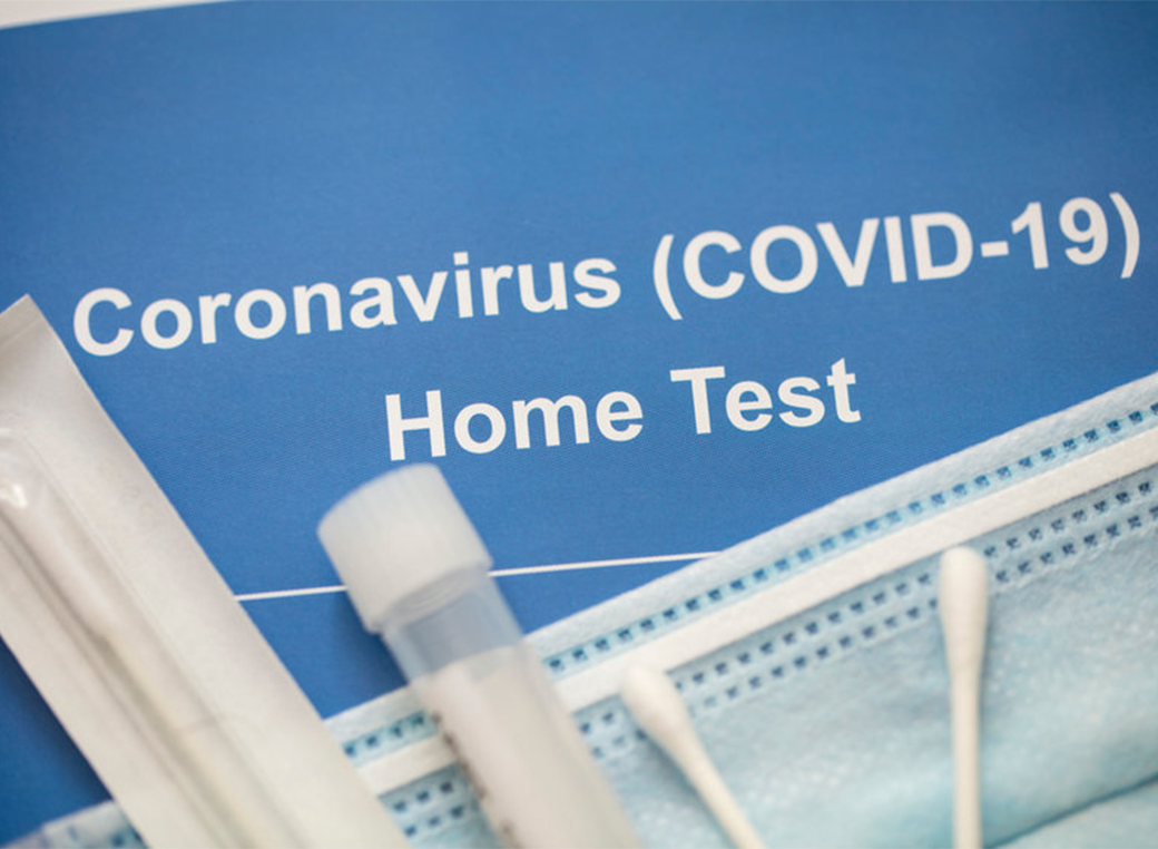 Test tube with blood sample. Covid-19 virus testing kit. Coronavirus quarantine home clinical responsibility. 