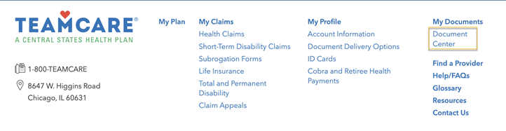 Document Center link in the footer of MyTeamCare.org.