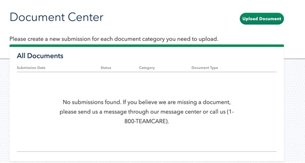 Document Center landing page with All Documents grid showing no submissions. 