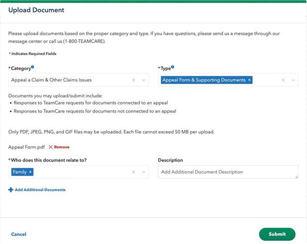 Upload document submission page. 