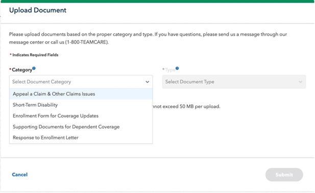 Upload document submission page. 