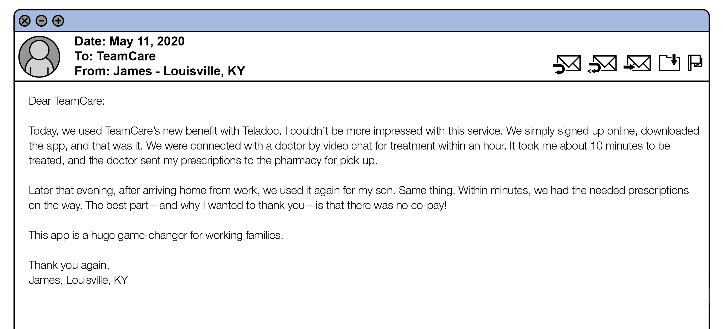 Positive member testimonial email about Teladoc services