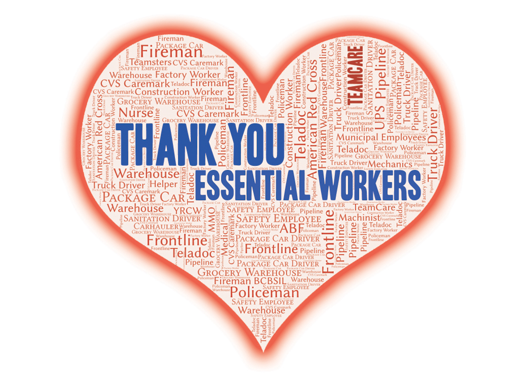 Heart-shaped word art with thank you essential workers at the center