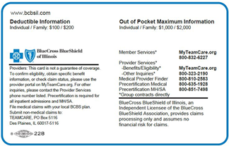 Blue Cross Blue Shield back-end side of the medical ID card.