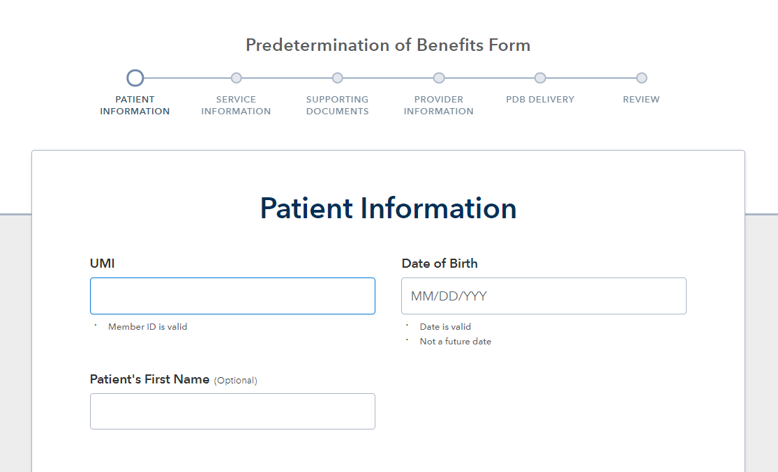 An image of the patient information form on the provider dashboard.