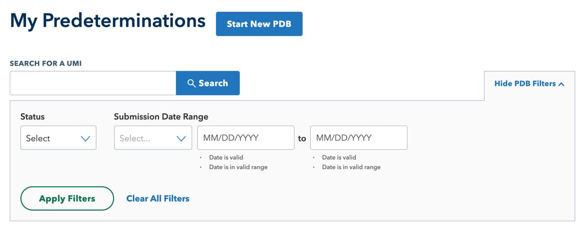 An image of the predetermination search form on the provider dashboard.