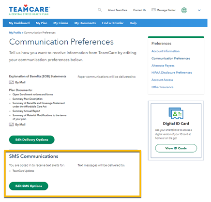 Teamcare communication preferences page