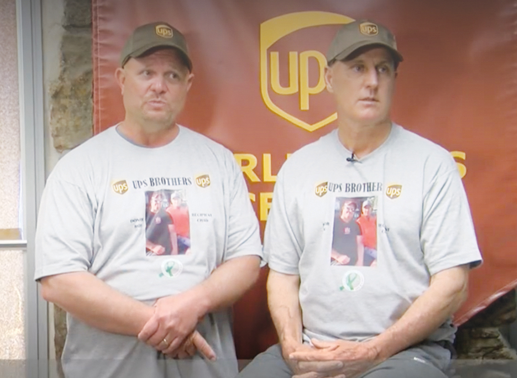 Two UPS drivers discussing how they saved each others lives by doing a kidney transplant.
